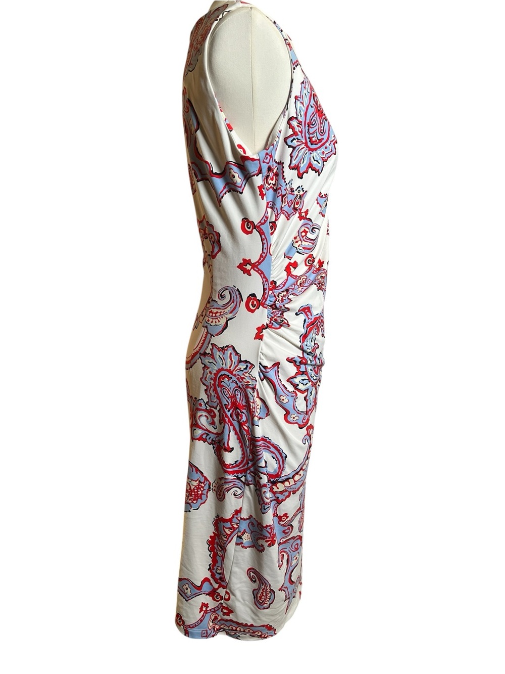 J. McLaughlin women's Ruched white red blue Paisley Dress Size Small - Picture 3 of 8